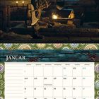 Kalenderseite Januar: Monatsübersicht und Illustration eines Jungen auf einem schwarzen Drachen.