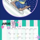 "Yippee!", "JANUAR". Ein blauer Charakter auf einem Schlitten, strahlend. Kalender mit rosa und türkisfarbenen Akzenten.