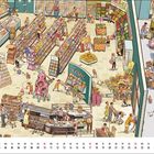 Texte: "Lesen", "Zahl", "Anlieferung". Illustration eines belebten Supermarktes mit vielen Menschen beim Einkaufen.