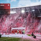 Kalendertext: Januar. Stadion voller Fans, roter und weißer Konfettiregen. Spieler feiern auf einem Podest, Jubelstimmung.
