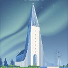 REYKJAVIK, ICELAND. Illustration einer großen Kirche mit leuchtendem Himmel, umgeben von grüner Landschaft und Flaggen.