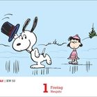 Januar, KW 53, 1 Freitag, Neujahr. Ein Hund hebt freudig einen Hut. Ein Mädchen steht daneben. Zeichentrickstil.