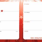 28 Montag, 29 Dienstag, 30 Mittwoch, 31 Donnerstag Silvester, 1 Freitag Neujahr, 2 Samstag, 3 Sonntag. Roter Hintergrund.