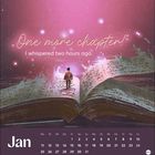 „One more chapter!“ I whispered two hours ago. Kalender für Januar. Ein Mann auf einem Buch vor einem magischen Himmel.