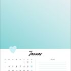 Kalenderblatt Januar mit blauem Herz und Notizbereich. Feiertage: 1.1. Neujahr, 6.1. Heilige Drei Könige.