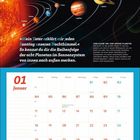 „Unser Sonnensystem“: Planeten um die Sonne, Beschreibung der Planetenarten, Kalender für Januar mit Feiertagen, Info zu Entstehung.