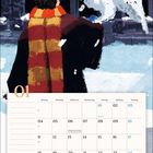 Kalenderblatt Januar, Illustration: Person im Schal, mit Schneeeule vor gotischen Fenstern.