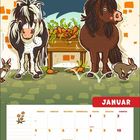 Kalenderblatt für Januar. Illustration: Zwei Ponys vor Karottentisch, umgeben von Kaninchen und Blumen.