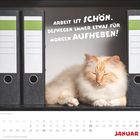 Text: "Arbeit ist schön. Deswegen immer etwas für morgen aufheben! Januar." Eine schlafende Katze zwischen Aktenordnern.
