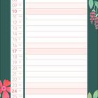 Kalender für Januar mit Notizspalten, umgeben von Blumen und zwei bunten Vögeln.