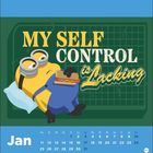 „MY SELF CONTROL is Lacking“ steht über einem gelben Wesen, das auf einem Kissen liegt und ein Sandwich hält, als Kalenderblatt.