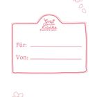 „Für:“ und „Von:“ stehen unter „Gruß aus der Küche“. Rosa Rahmen und Blumenillustrationen zieren das Design.