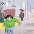 Eine Illustration zeigt einen Mann und zwei Kinder in einem Zimmer mit bunten Taschen. Ein Kind trägt einen grünen Pullover.