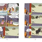 Comic mit Tieren, die in einer Höhle sind. Dialoge: Anfrage nach Filmaufnahmen. Überraschung über etwas Gefundenes.