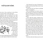 "PLÖTZLICHE PLÄNE" steht oben. Der Text erzählt von Tim, dessen Vater eine Reise ans Meer plant. Tim ist nicht begeistert vom Schwimmen und wird von einem Anruf unterbrochen, bei dem Frau Geimen um Hilfe im Museum bittet. Es gibt eine Illustration eines Gürteltieres mit Schwimmflügeln.