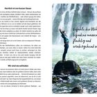 "Gefühle des Wohlbefindens müssen flüchtig und vorübergehend sein." Links Text über kurze Dauer von Wohlfühlgefühlen. Rechts Person mit ausgebreiteten Armen vor Wasserfall.