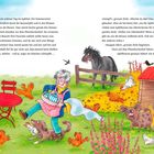 Texte: "Oma Astrid deckte gerade", "Zicki begeistert", "Zicki+Zacki". 

Illustration: Oma mit Kuchenkorb, Hühner, Hund, Schweine, Pony.