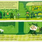 Texte über ein grünes Schloss mit unsichtbarem Geist und einem König, dazu grüne, verspielte Illustrationen.