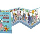 Text: "Zebra, Hund und Meise gehen auf die Reise" von Dunja Schnabel. Illustrationen von Tieren auf einer Reise.