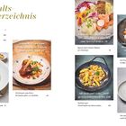 Inhaltsverzeichnis: Vorwort 7, Register 184, Impressum 190. Bilder von Gerichten wie Vorspeisen und Hauptspeisen.