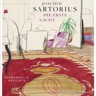 "Joachim Sartorius, Die erste Nacht, Ausgewählte Gedichte, Schall & Wahn." Skizze zeigt Menschen in einem Raum mit Teppich.