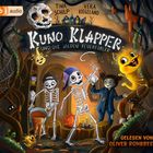 "Kuno Klapper und die wilden Feuerfüßler. Gelesen von Oliver Rohrbeck." Zwei Skelette, ein Kind und ein gelber Wurm.