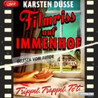 "Filmriss auf Immenhof", "Gelesen vom Autor", "Trippel. Trappel. Tot." Rote Handfläche vor einem Fenster, Hof mit Pferd.