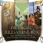 „Rufus Beck liest DIE GROSSE JULES-VERNE-BOX: Reise zum Mittelpunkt der Erde, Robur der Sieger, In 80 Tagen um die Welt.“ Illustrationen: ein Mann in Höhle, Luftschiff und Paar auf Boot.