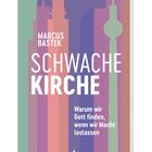 „Schwache Kirche“ von Marcus Bastek ist groß geschrieben. Farbige vertikale Streifen mit Stadtsilhouetten.