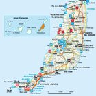 Karte von Fuerteventura mit markierten Orten, Straßen (FV-10, FV-20), und Stränden. Inset zeigt Lage der Kanarischen Inseln.