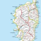 Eine Karte von Korsika mit Städten wie Bastia, Ajaccio, und Porto-Vecchio; rote Linie zeigt Route durch Insel.