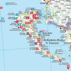 Eine Karte von Korfu mit Ortsnamen wie Kerkyra, Paleokastritsa und Lefkimmi. Zahlen markieren Orte.