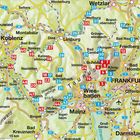 Karte mit Städtenamen wie Frankfurt, Wiesbaden, Mainz. Eingetragene Ziffern sind rot und blau. Hauptstraßen sind gelb.