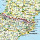 Karte der Pyrenäen mit Städten wie Zaragoza, Barcelona, Toulouse. Rote Linie markiert die Grenze.