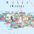 Eine Karte von Kreta mit Städtenamen und nummerierten Markierungen in Rot und Blau.