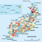 Karte von Lanzarote mit Städten, Straßen und Sehenswürdigkeiten. Links oben Karte der Kanaren mit Lanzarote markiert.