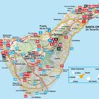 Karte von Teneriffa mit nummerierten Punkten, Städtenamen wie Puerto de la Cruz und Santa Cruz de Tenerife.