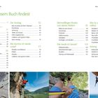 Inhaltsverzeichnis eines Buches über Klettern, darunter Fotos von Menschen beim Klettern und einer Gebirgslandschaft.