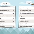 Inhalt: Tourenübersicht 6, Spiele für unterwegs 82. Im Hintergrund Berge und Vogel.