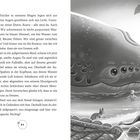 Seite 84. Ein gigantisches Meereswesen mit sanften Augen blickt auf zwei schwimmende Menschen und einen Hund im Wasser. Palmen im Hintergrund.