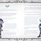 Zwei Illustrationen: links ein Mädchen mit lila Haaren, rechts ein Junge. Texte beschreiben ihre Konversation über Hexerei.