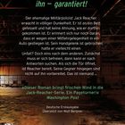 Ein Buchcover zeigt Text: "Jack Reacher fängt nie einen Kampf an, aber er beendet ihn – garantiert!" Darunter eine düstere Lagerhalle.