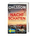 Buchtitel: "NASCHATTEN" von Kristina Ohlsson. Untertitel: Ein Schwedenkrimi mit August Strindberg. Hintergrund: Häuser am Wasser.
