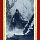 Keine erkennbaren Texte. Illustration: Ein entschlossener Mann in dunkler Kleidung schreitet durch einen verschneiten Wald.