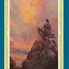 Illustration: Eine Person mit langem Mantel steht mit einem Wolf auf einem Felsen, im Hintergrund ein farbenfroher Himmel.