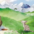 „ICH AUCH!“, sagt Murmel. Ein Murmeltier auf einem Felsen zeigt auf einen spielenden Vogel; eine Katze schaut zu.