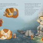 Darstellung eines Jungen in Ritterrüstung, umgeben von Mäusen, Texterklärung seiner Missgeschicke; colorierte Illustration.