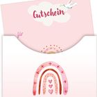 "Gutschein" und "für" auf rosa Hintergrund, oben eine Taube. Unten ein bunter Regenbogen mit Herzen und Punkten.