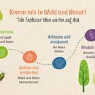 „Komm mit in Wald und Natur! Tolle Entdecker-Ideen warten auf dich.“ Pfade verbinden Icons von Abenteuern in der Natur.