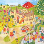 **Texte:**  
"Lustige Eiersuche"
"Finde mich!"
"die Ostereier"
"die Glocke"
"der Osterhase"
"die Küken"
"die Fahne"

**Beschreibung:**  
Fröhliche Kinder auf einem Spielplatz mit Schaukeln, Rutsche und bunten Frühlingsdekorationen.